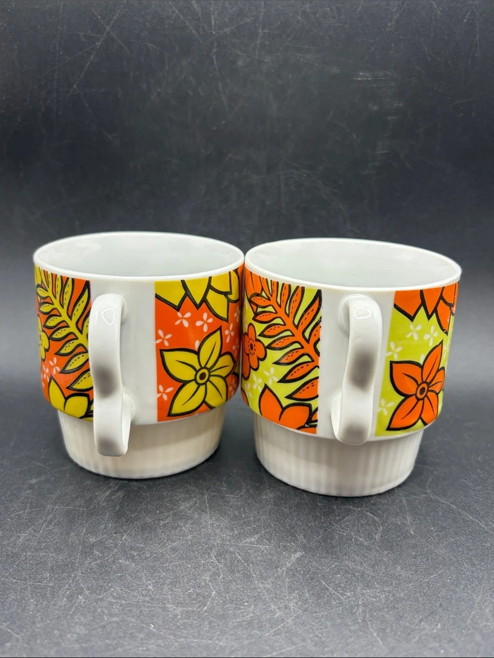 Vintage 1970s Groovy Floral Pattern Stackable Ceramic Coffee Cups Tea Mugs Set 2